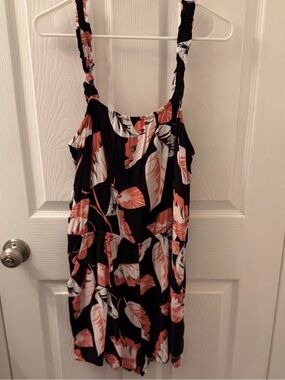 Express Black romper with Coral and White Leaf Print